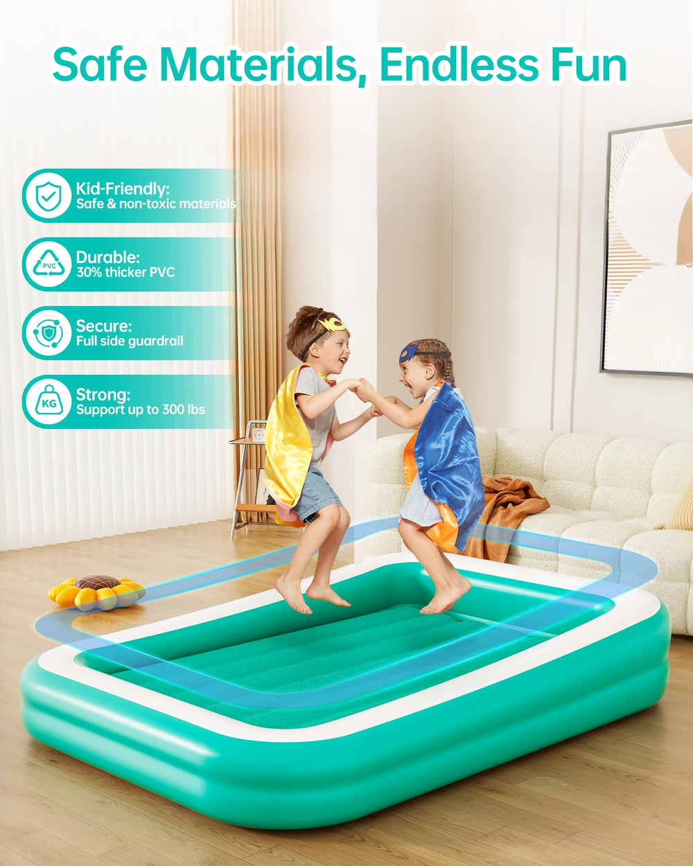 Qmioti inflatable toddler bed with soft surface for safe bedtime use.