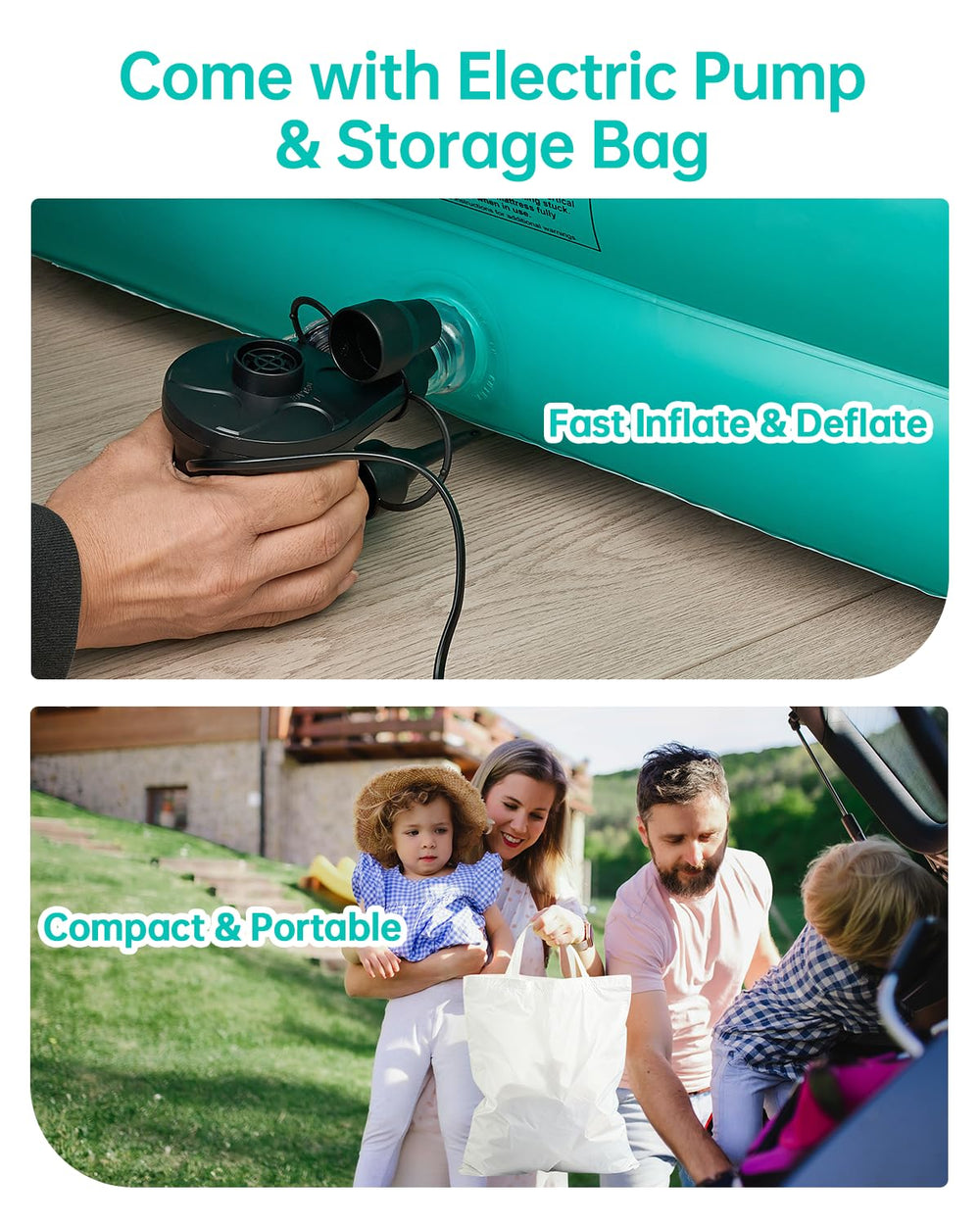 Compact storage bag helps neatly pack the bed for trips.