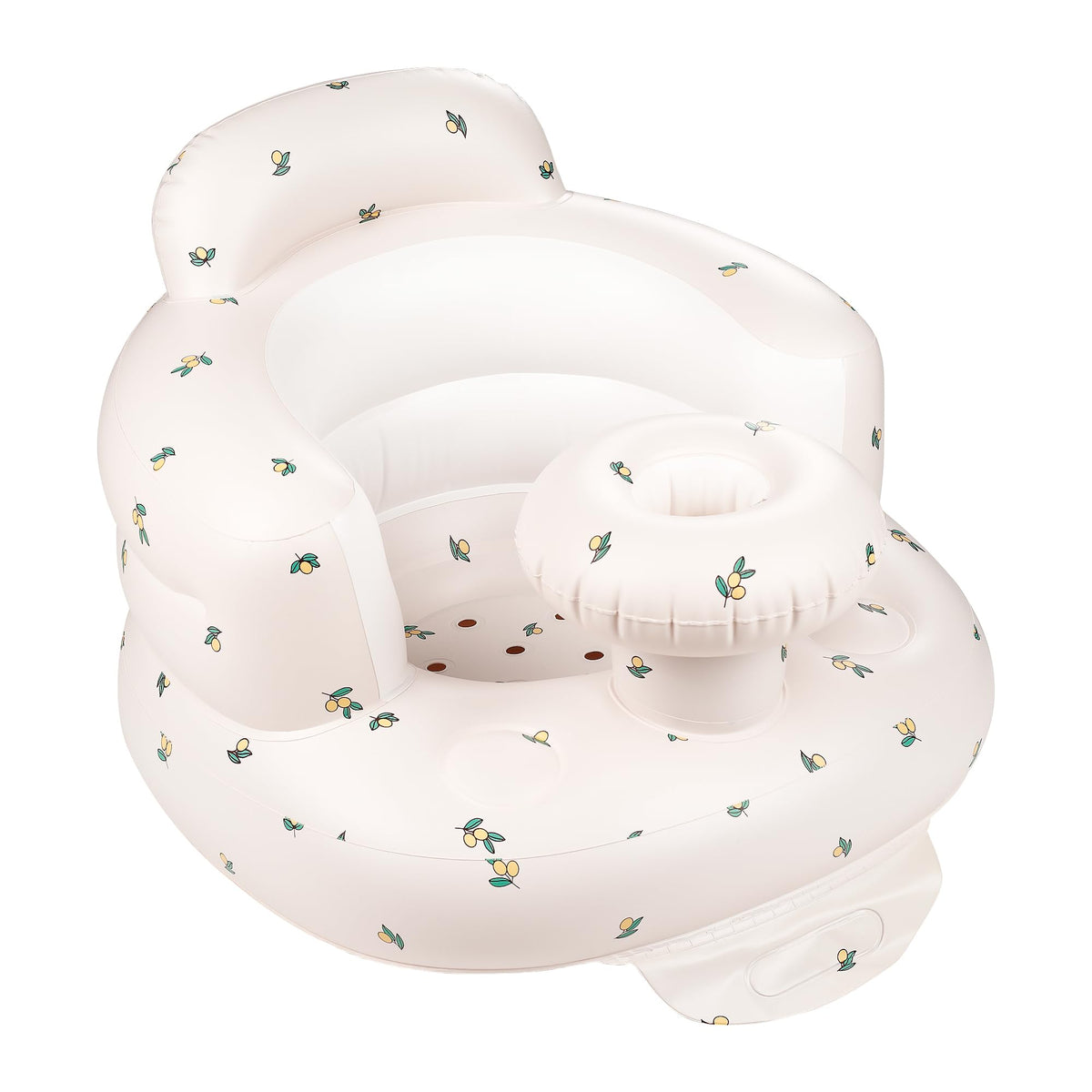 QMVESS inflatable baby seat with tray in Olive for on-the-go meals.