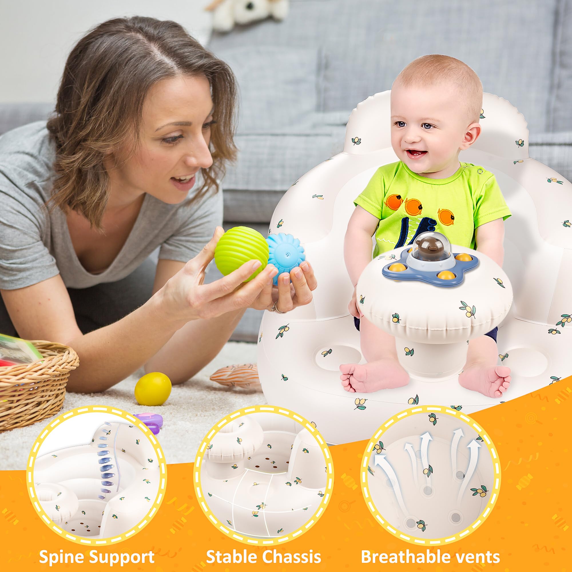 QMVESS multi-purpose seat with tray supports bottles and toys during playtime.