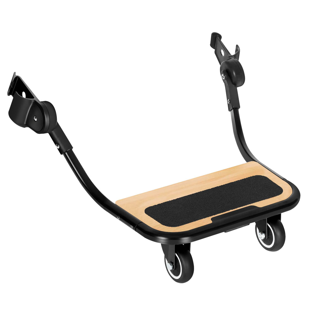 Qnemaei Stroller Board on Vista back attachment enables easy family strolls.
