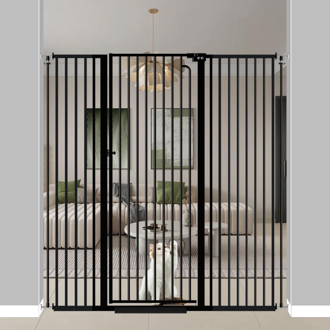 Qonimm 57-inch extra tall pet gate shown across a doorway for stairs and entryways, enhancing boundary awareness.