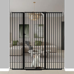 Qonimm 57-inch extra tall pet gate shown across a doorway for stairs and entryways, enhancing boundary awareness.
