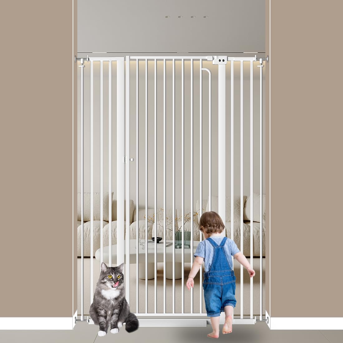 Qonimm 57-inch tall gate guarding a doorway for pets and children.