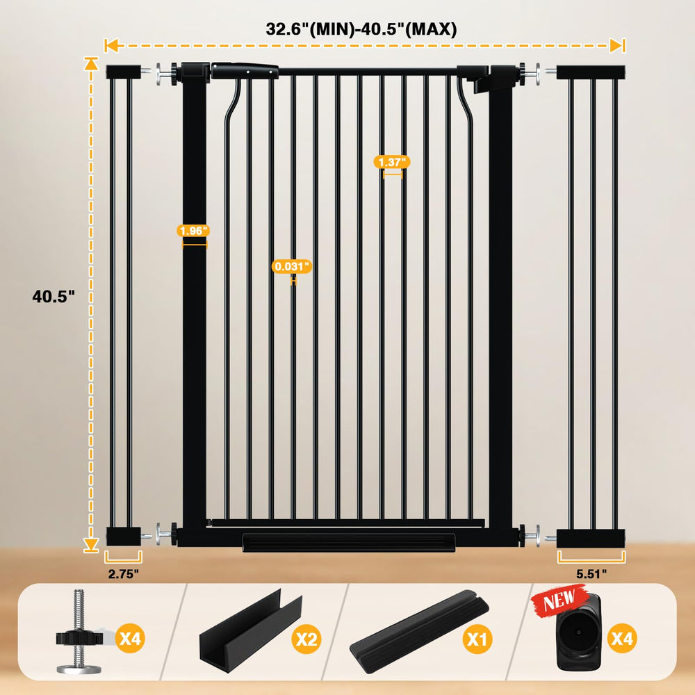 Qonimm gate width extension demonstrates range from 29.5 to 79.5 inches.
