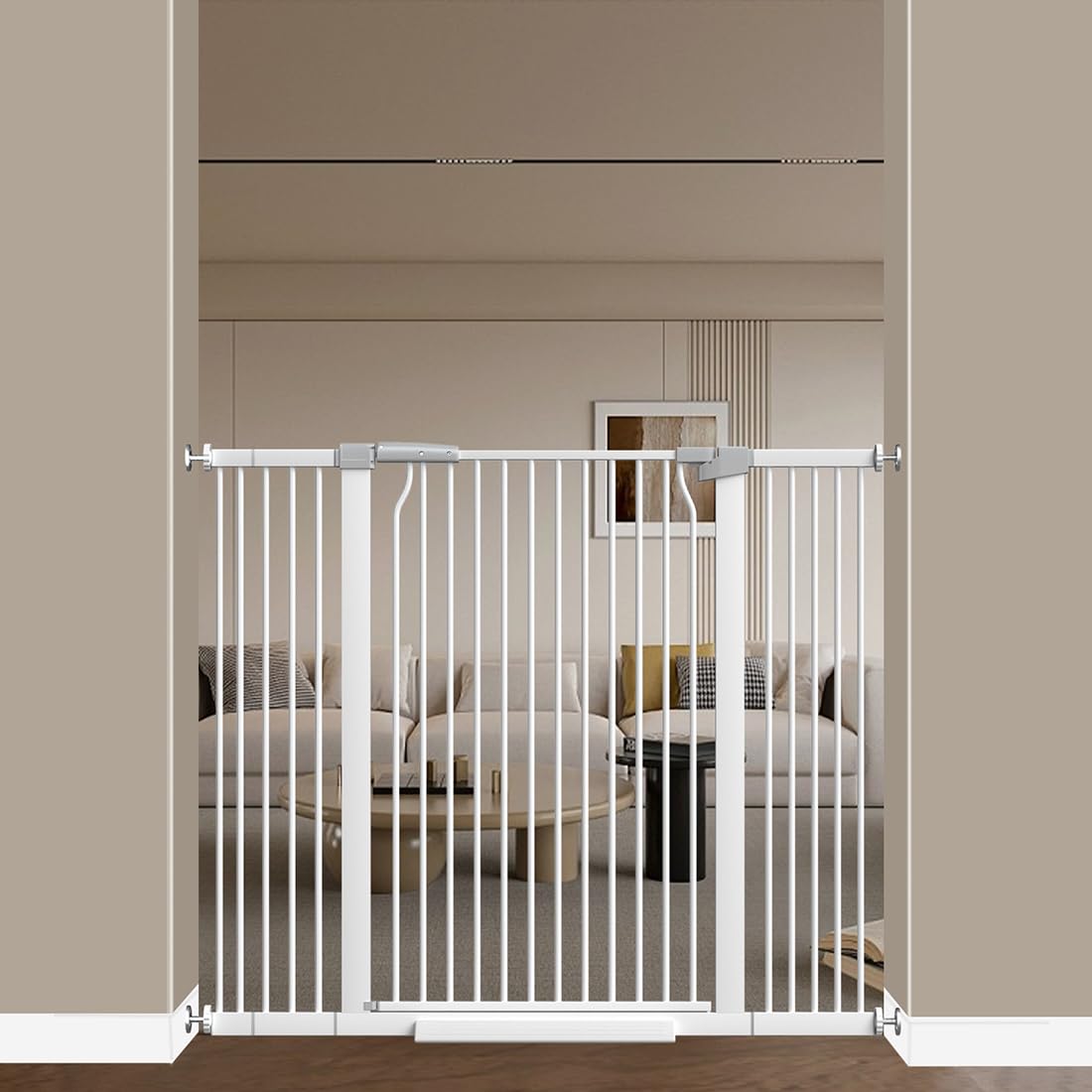 Qonimm extra tall baby gate blocks climbing for stairs and doorways.