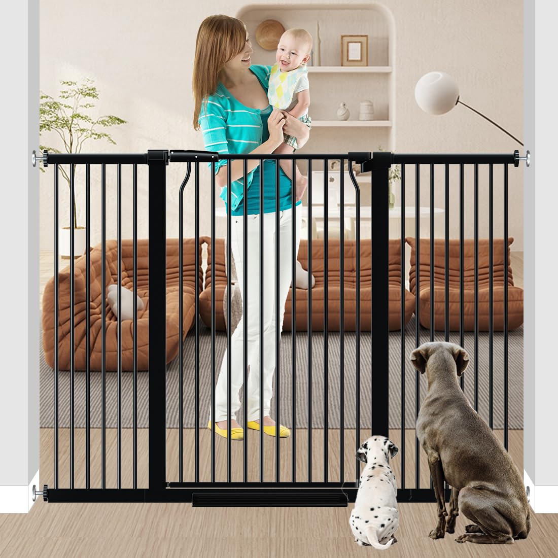 Qonimm tall baby gate side view demonstrates sturdy steel framing for multi use safety