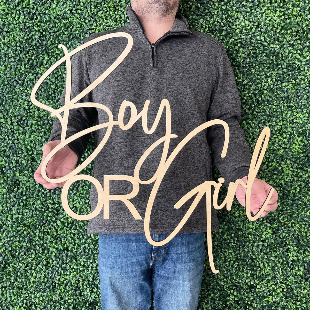 QPARTYFIRE boy or girl sign backdrop on wood enhances baby shower photos