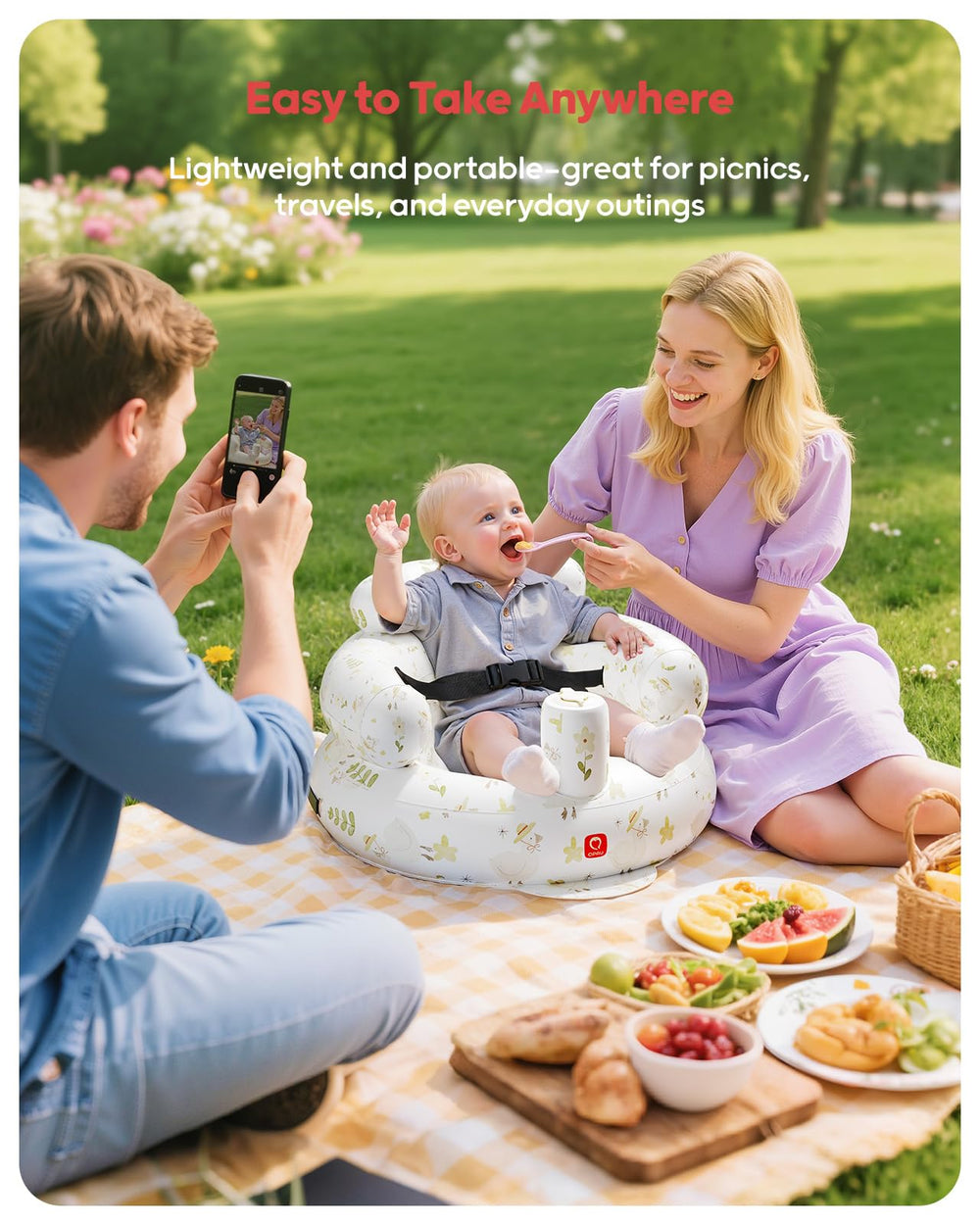 QPAU baby seat with built-in pump enables quick inflation for busy parents.