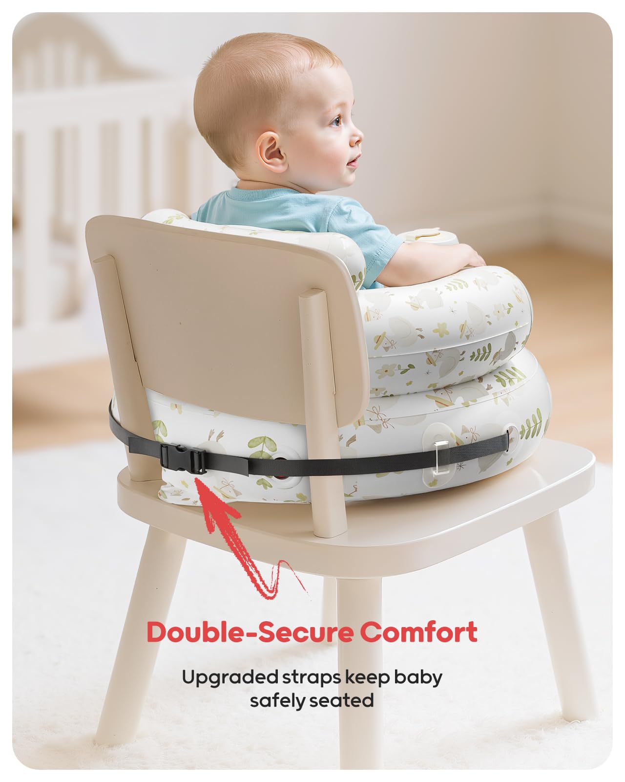 QPAU seat supports feeding, bathing, and play with safety.