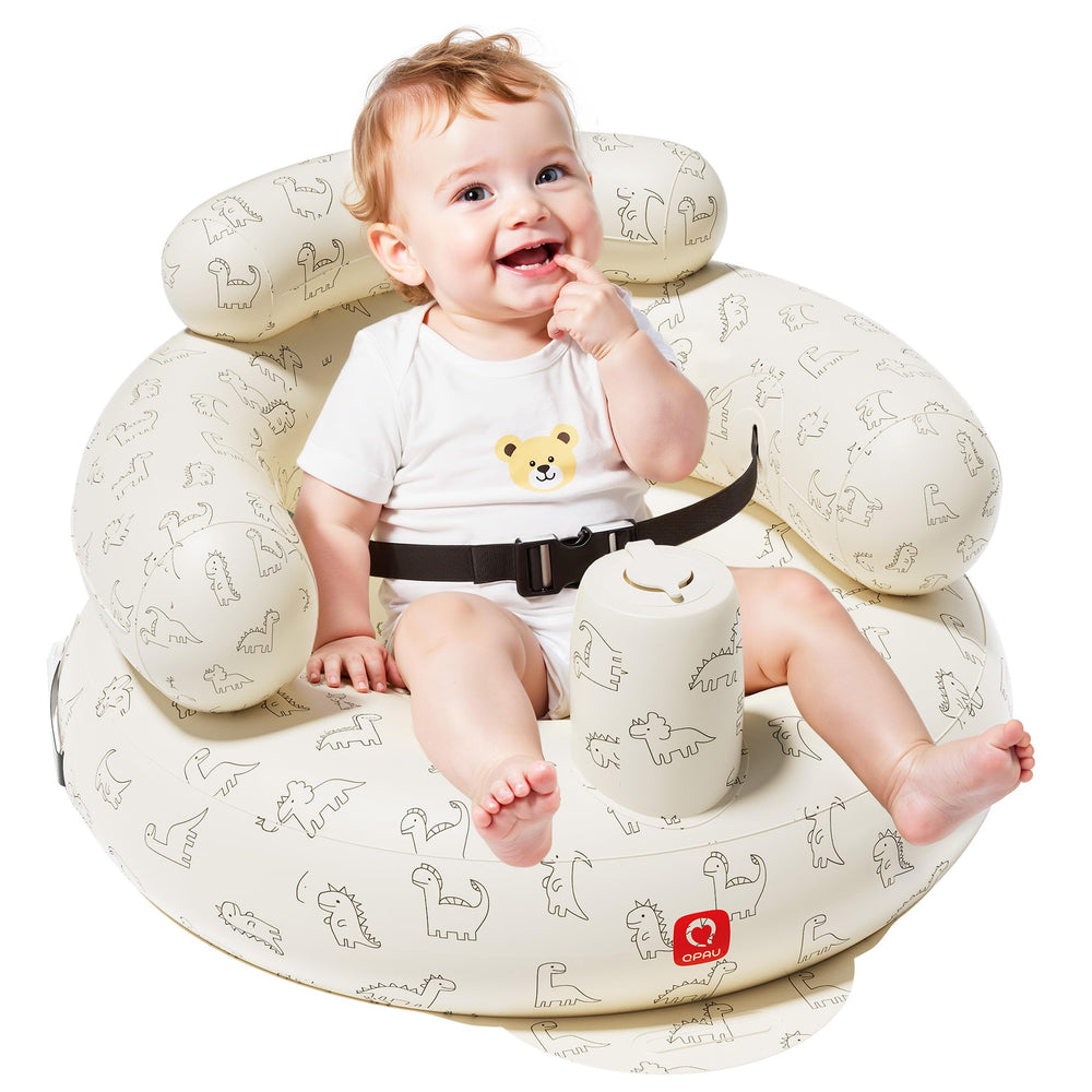 QPAU Dinosaur inflatable baby seat with built-in pump for quick inflation on the go.