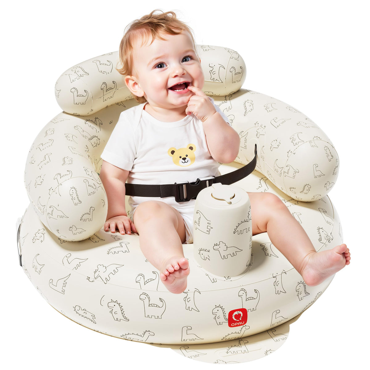 QPAU Dinosaur inflatable baby seat with built-in pump for quick inflation on the go.