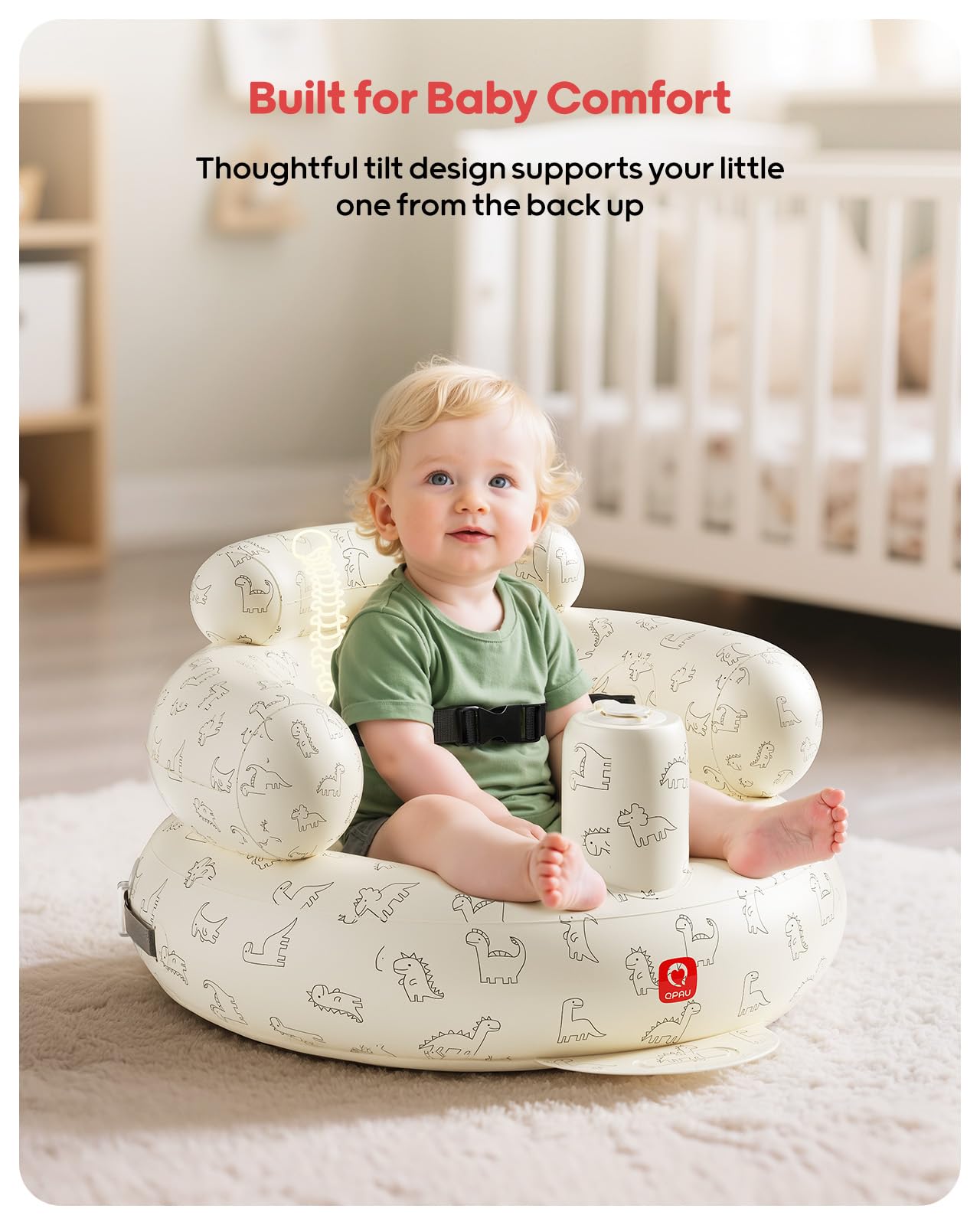 QPAU Ergonomic backrest with breathable mesh keeps baby comfortable during feeding and play.