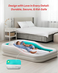 QPAU extra-large cyan bed provides ample space for comfortable travel nights.