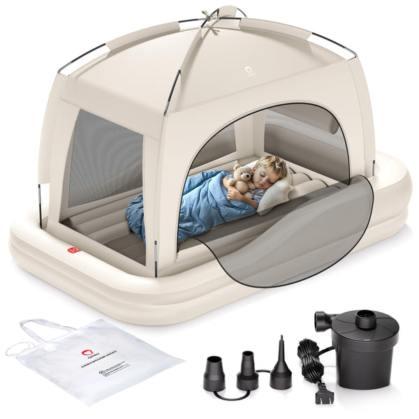 QPAU inflatable toddler bed tent assembled for a cozy travel setup.