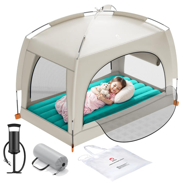 QPAU inflatable toddler bed with tent setup for travel and sleep
