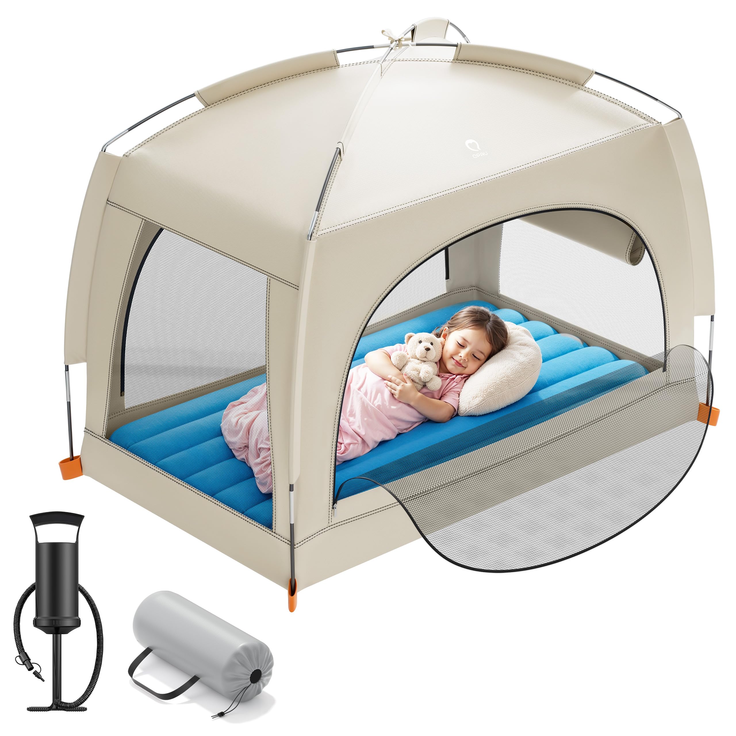 QPAU inflatable toddler travel bed with tent for portable comfort on trips