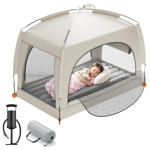 QPAU inflatable toddler travel bed with tent for on-the-go sleepovers.