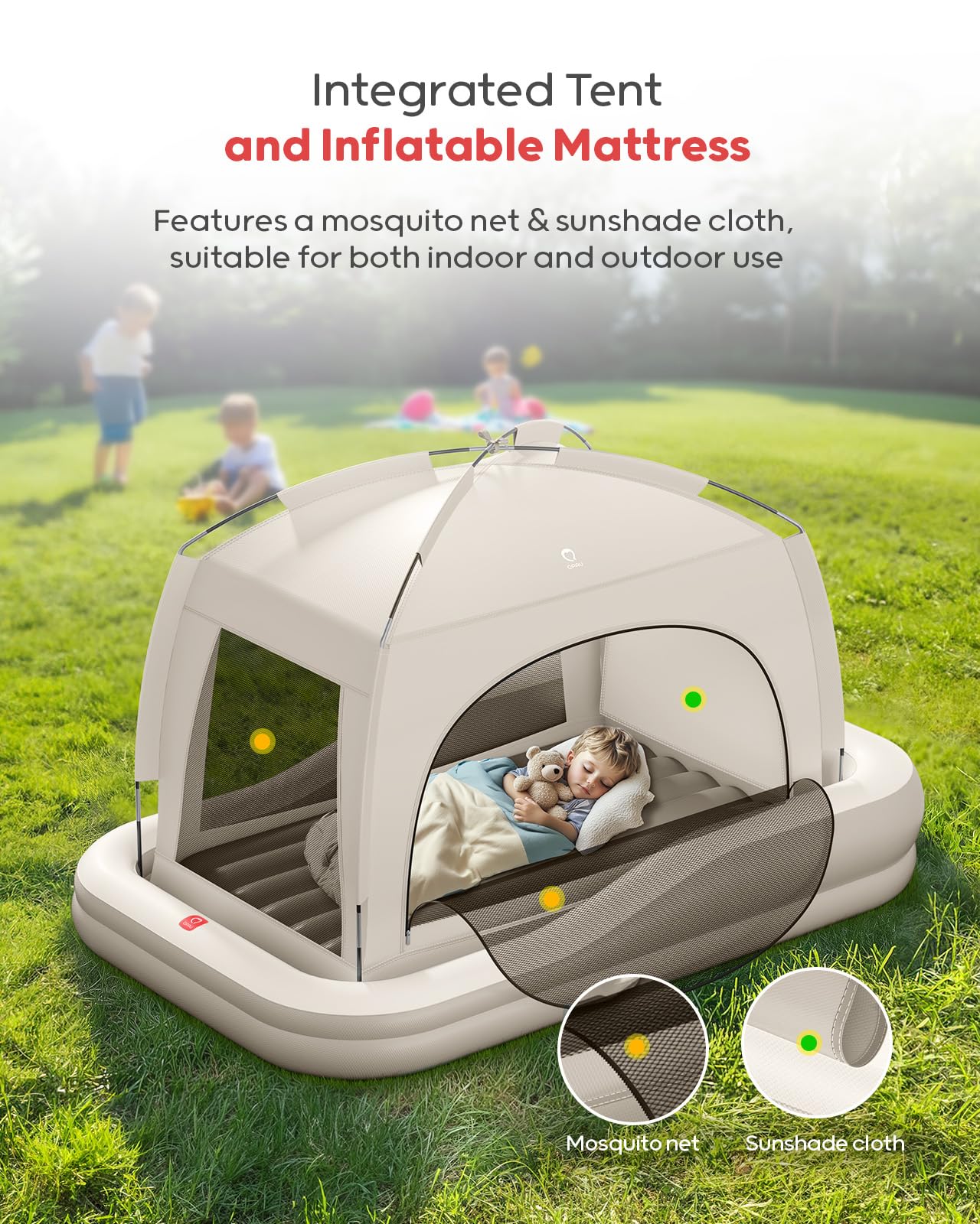 QPAU toddler air mattress in a camping scene for comfortable outdoor sleep.
