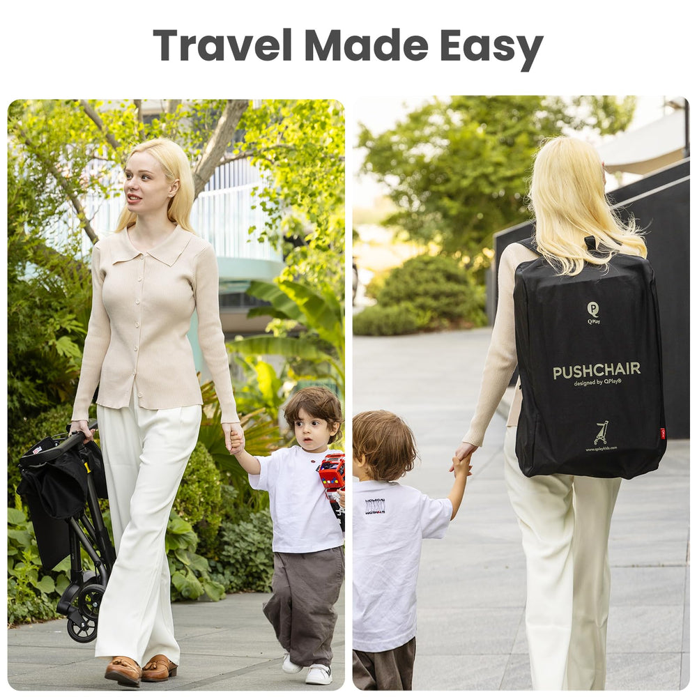 QPLAY stroller stored in included backpack for hands-free travel convenience