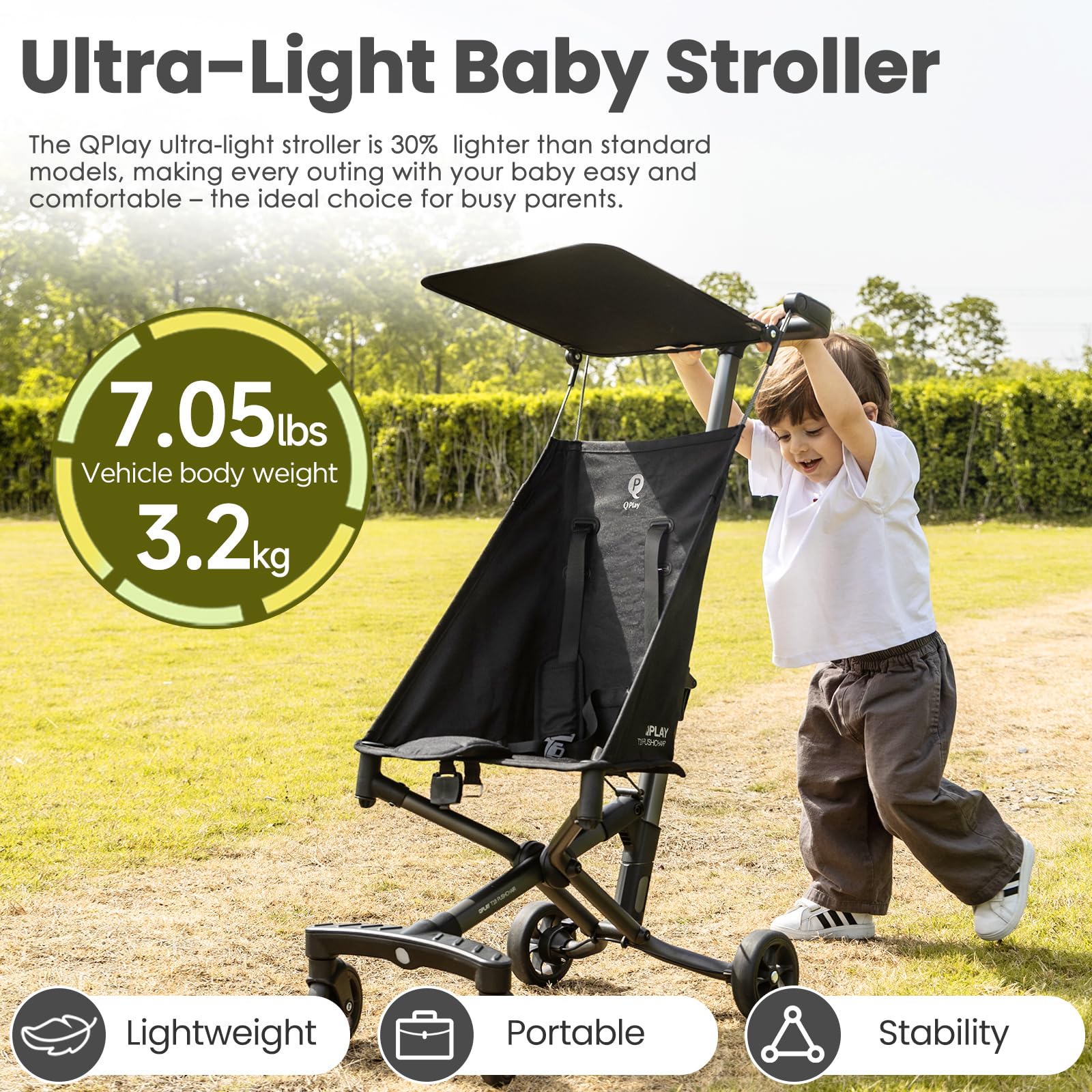 Folded QPLAY stroller compact profile ideal for overhead bins and small trunks