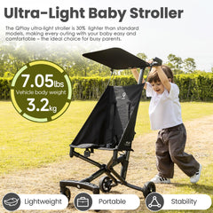 Folded QPLAY stroller compact profile ideal for overhead bins and small trunks
