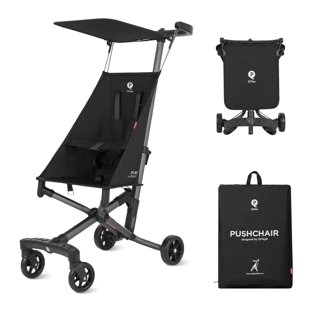 QPLAY ultra-lightweight travel stroller front view showing portability for trips