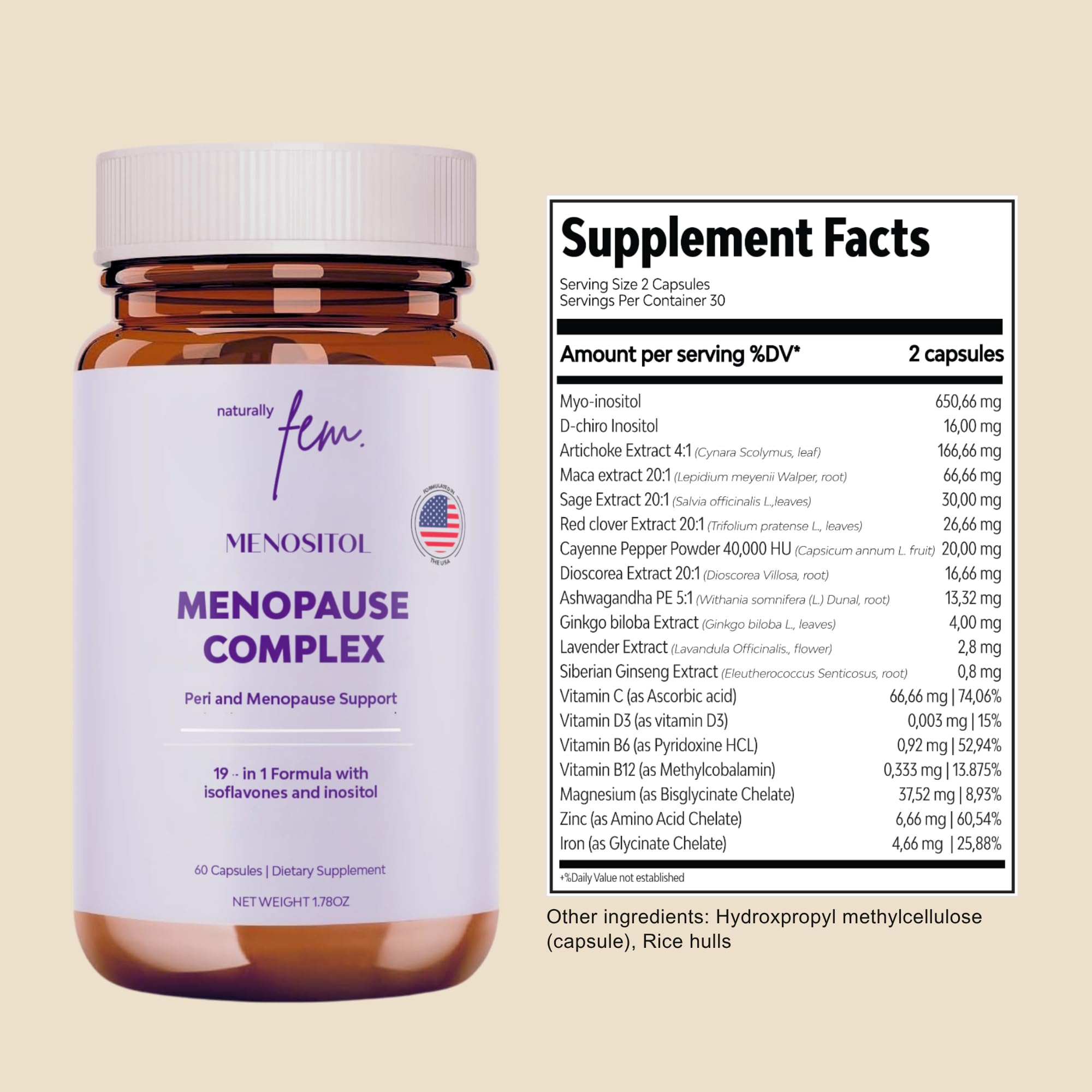 Dosage scoop beside QSTA Menositol FEM bottle for easy daily use