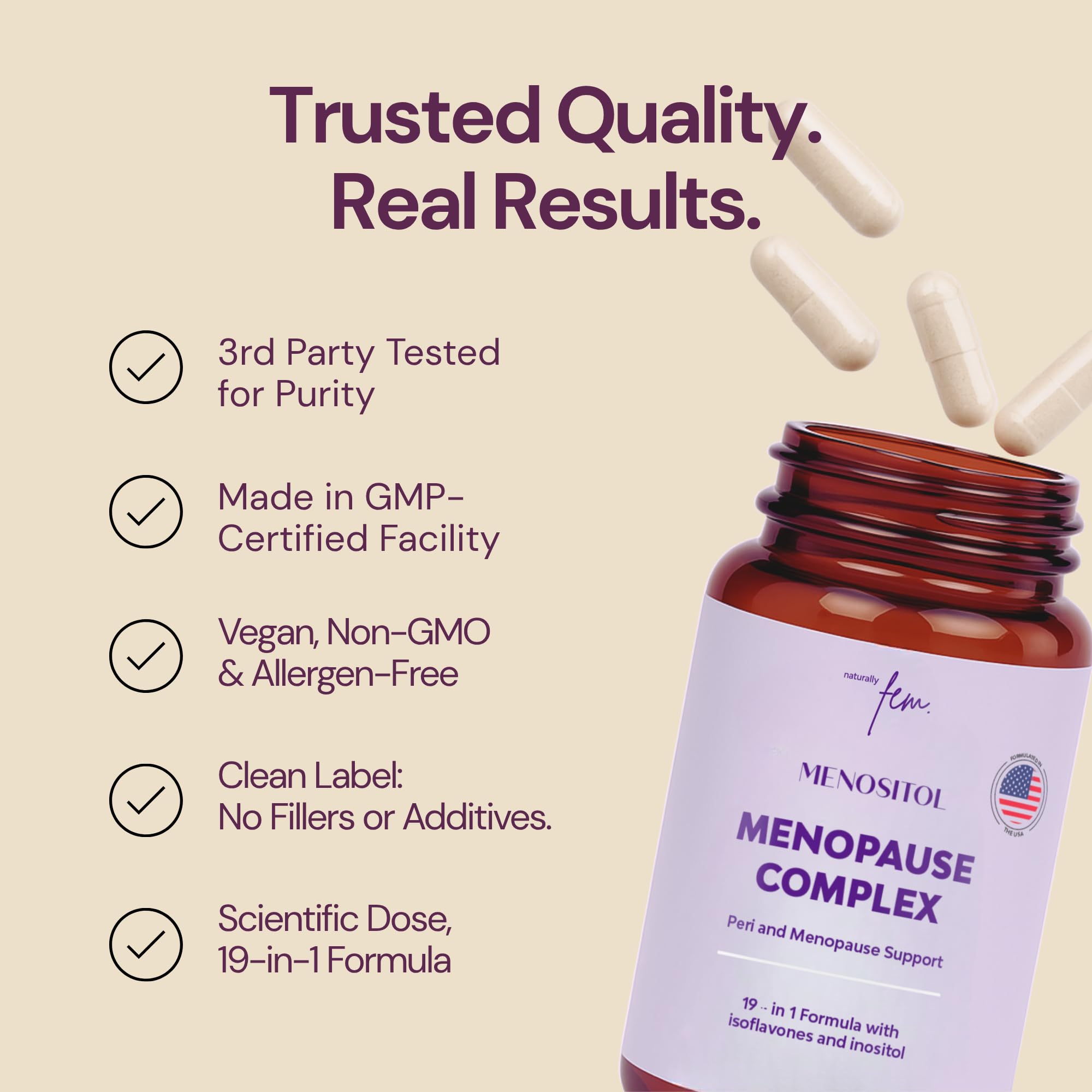 QSTA Menositol FEM jar shown on a calm morning setup