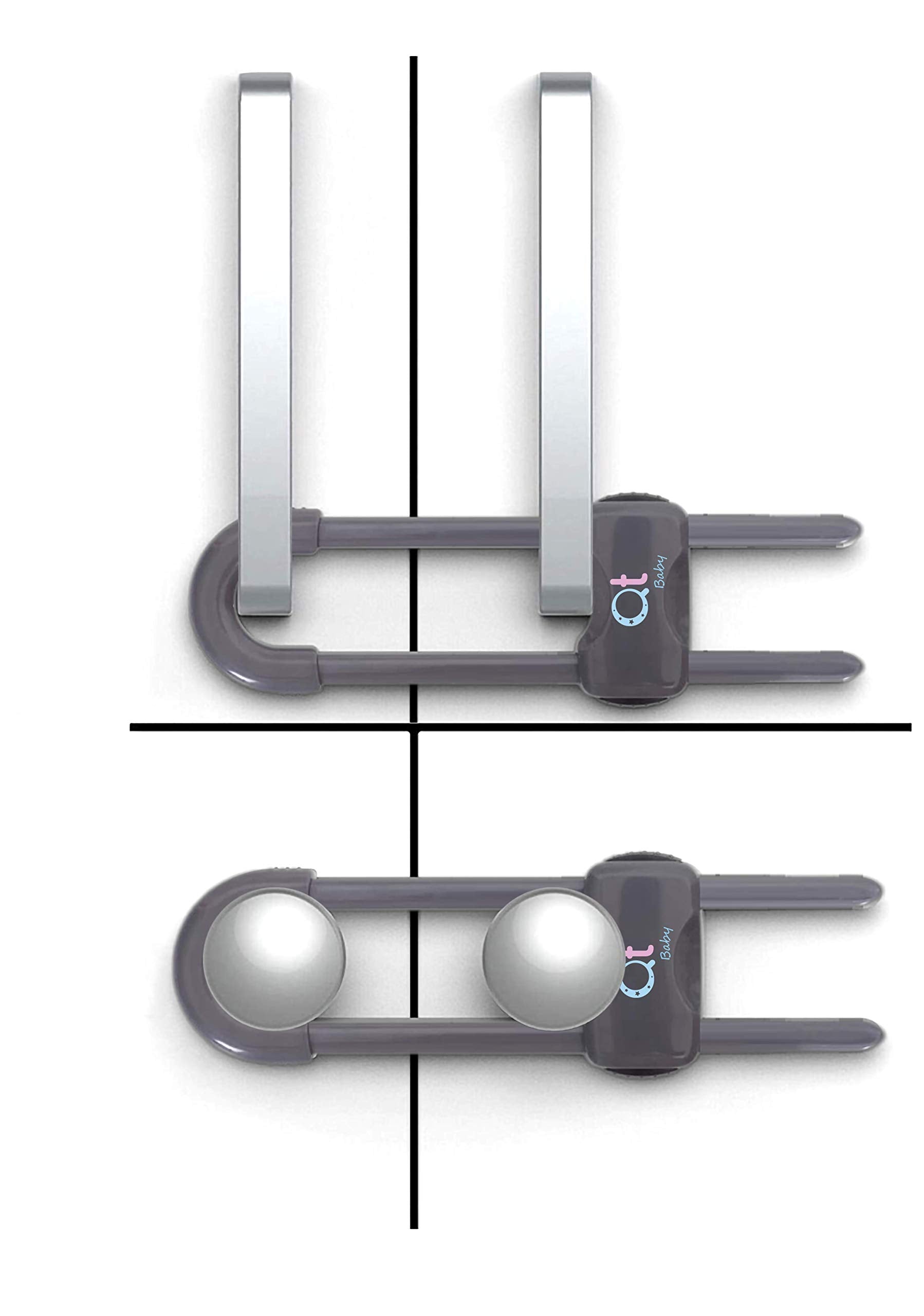 QT BABY cabinet locks with adjustable U-shaped latches keep cabinets safe.