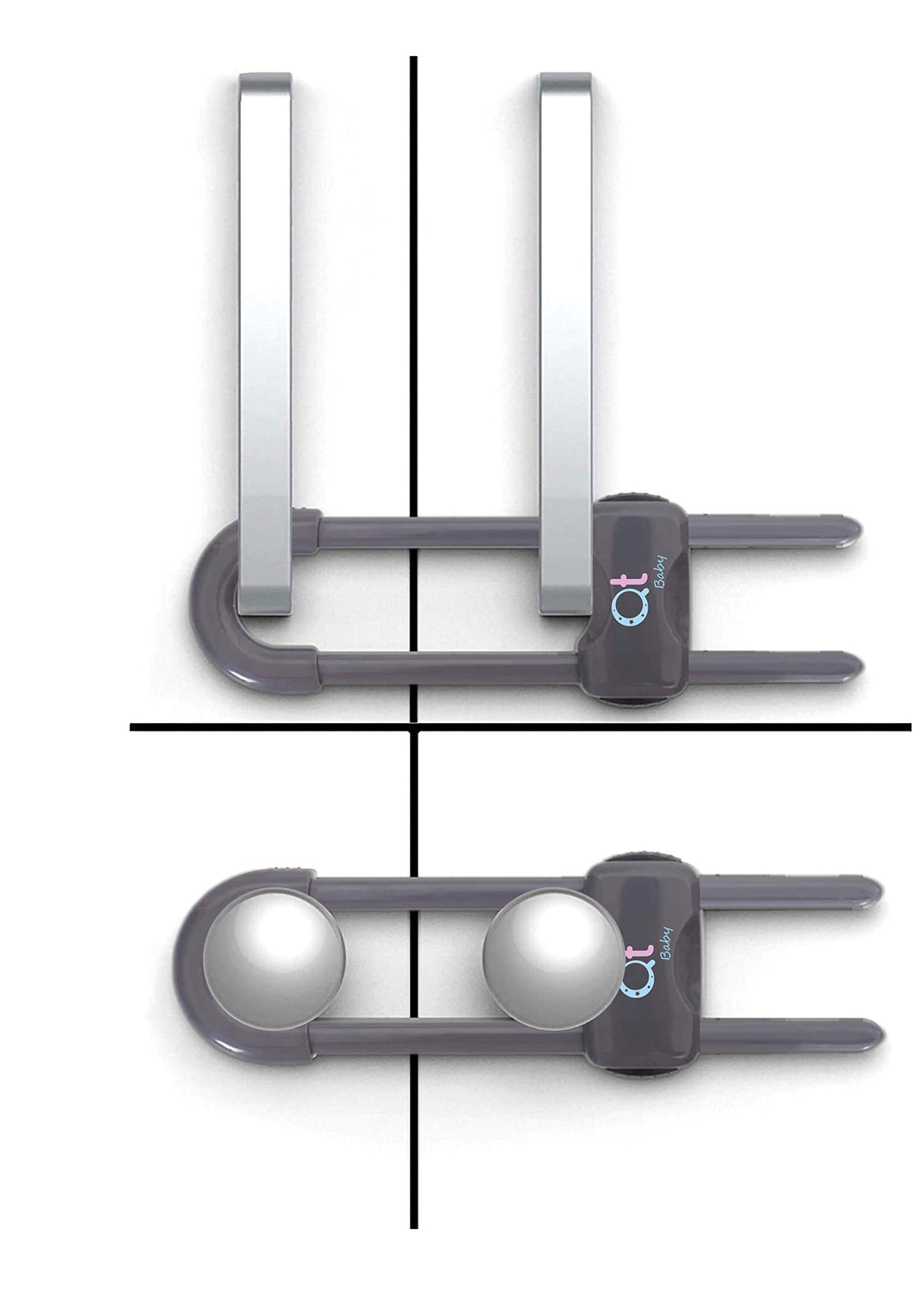 QT BABY cabinet locks with adjustable U-shaped latches keep cabinets safe.