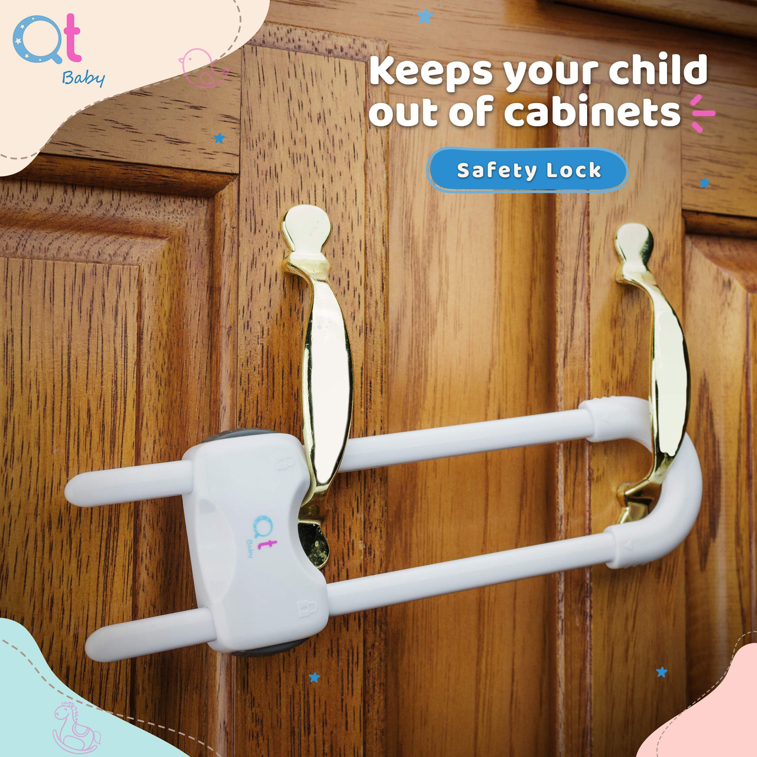 QT BABY no-tools installation locks simplify childproofing cabinets.