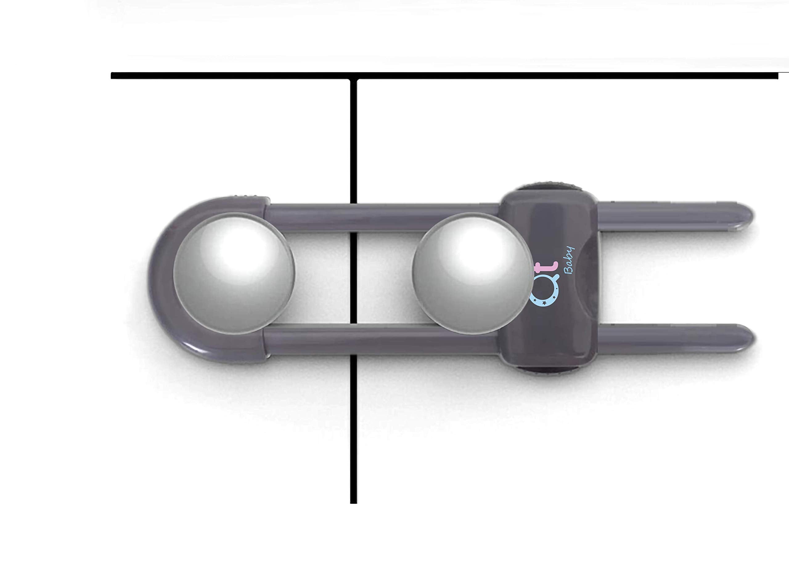 QT BABY safety latches fit on cabinet handles for extra security.