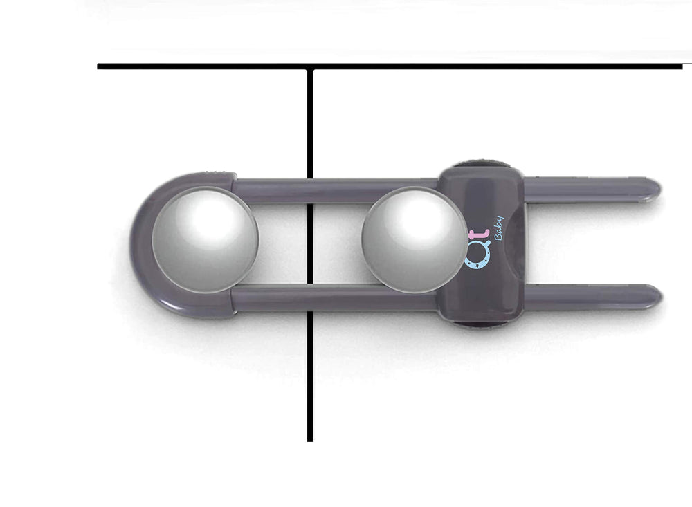 QT BABY safety latches fit on cabinet handles for extra security.