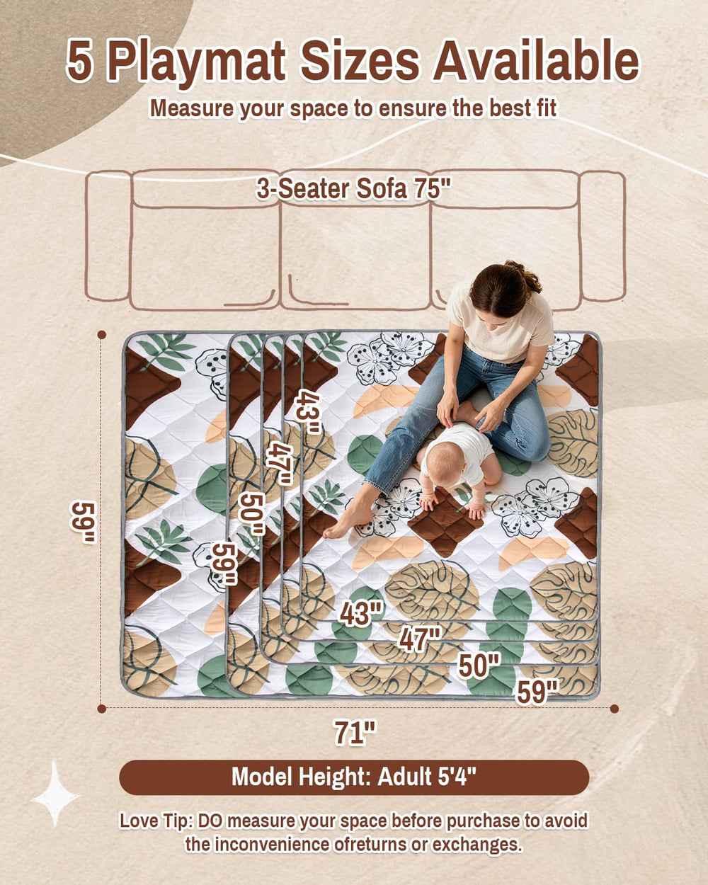 QUAFRET play mat with non-slip base stays put on tile and wood floors.