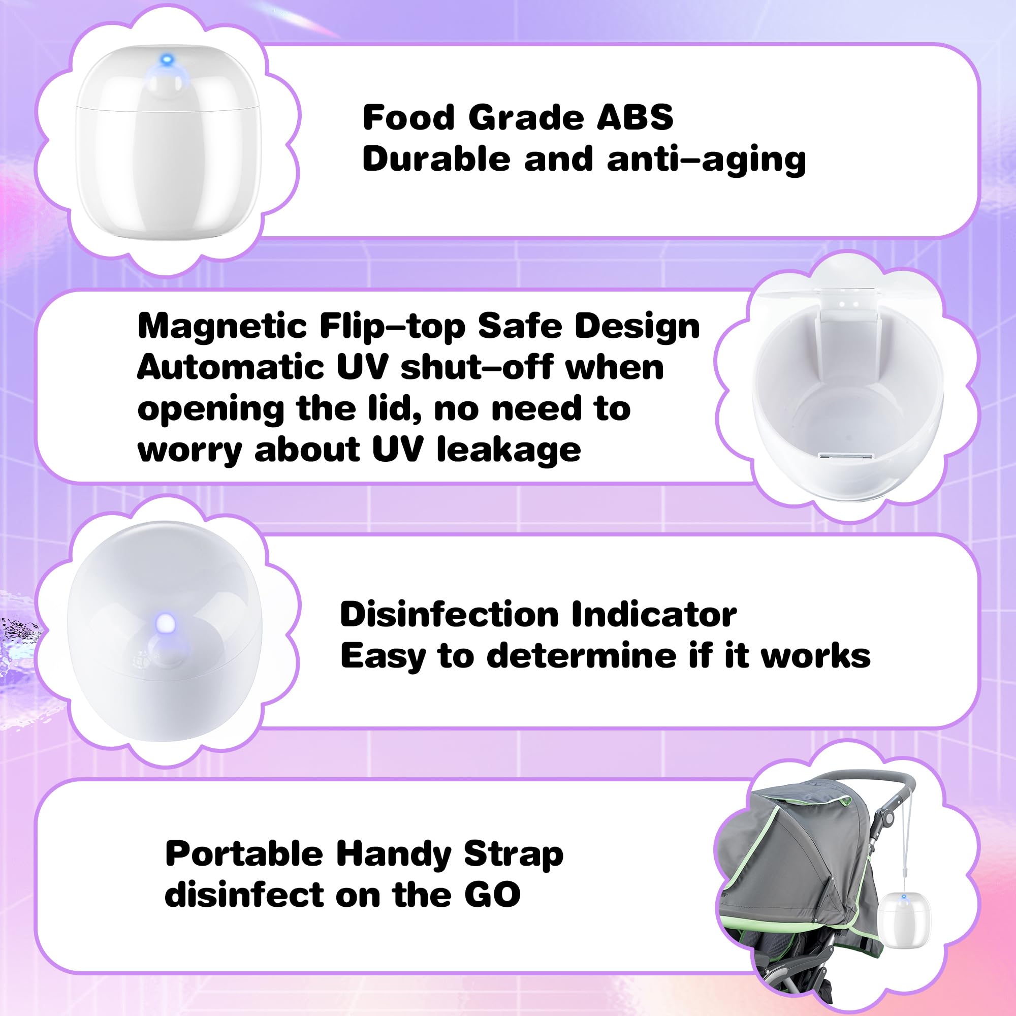 Qualirey compact pacifier sanitizer fits in bag or hand.