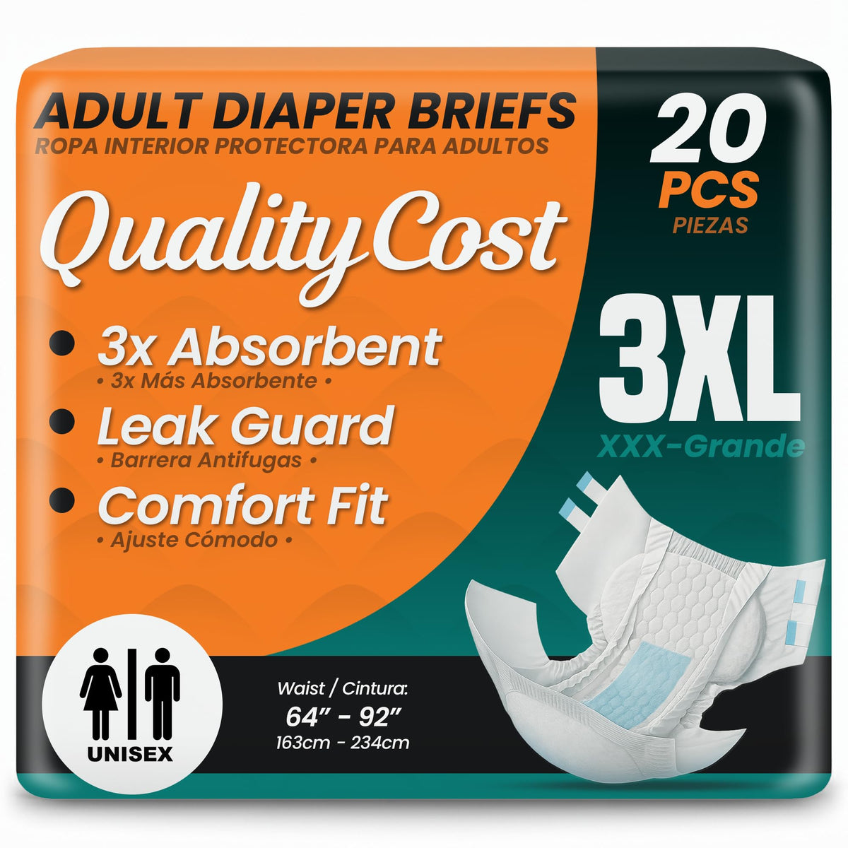 QualityCost adult diaper briefs with tabs provide secure, discreet protection for daily wear