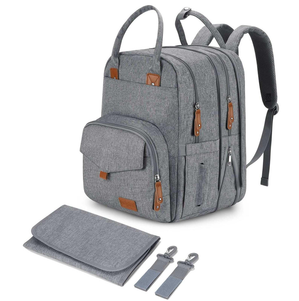 Qualyphant diaper bag showing expandable zipper for twins on the go