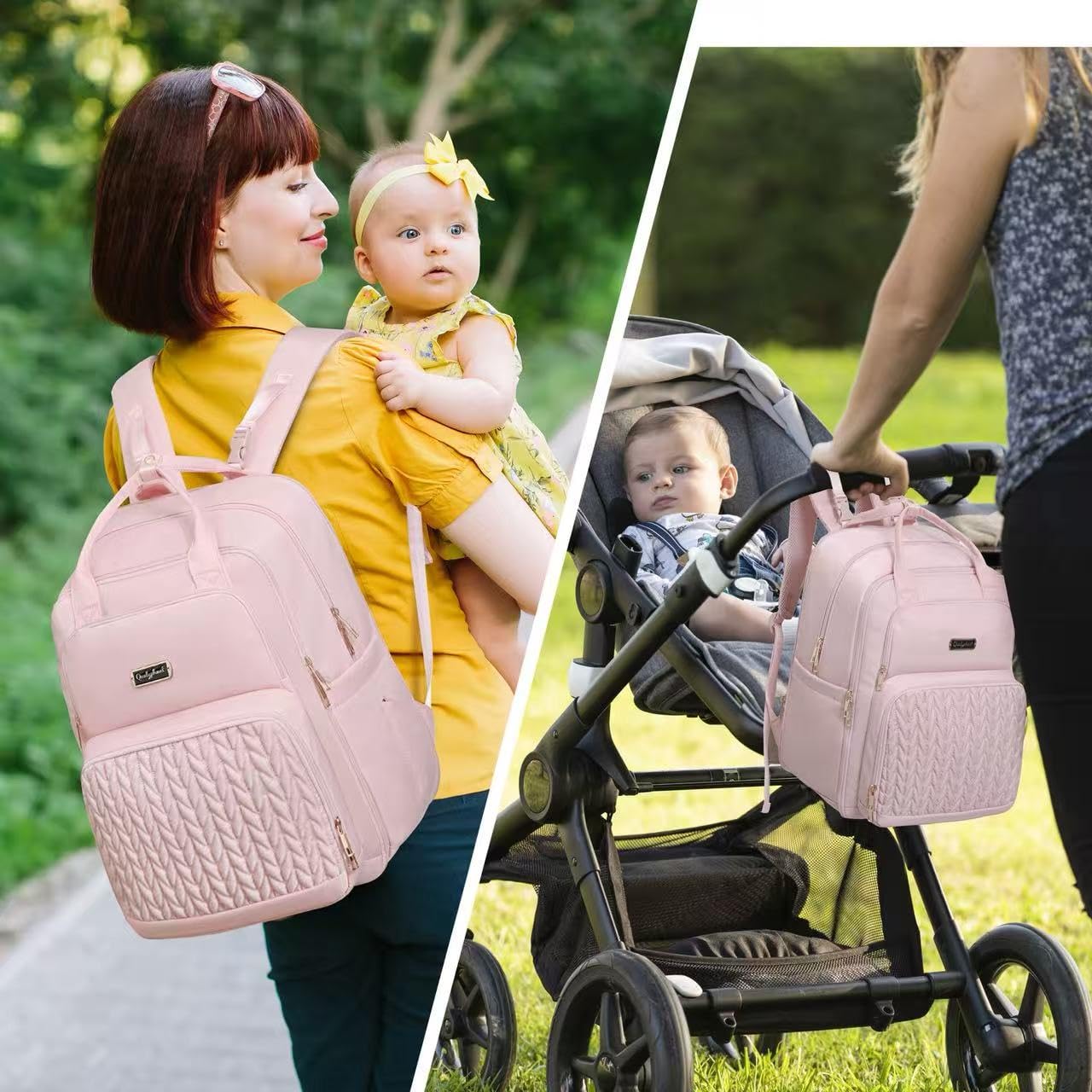 Qualyphant diaper backpack features a 180-degree opening for easy access.