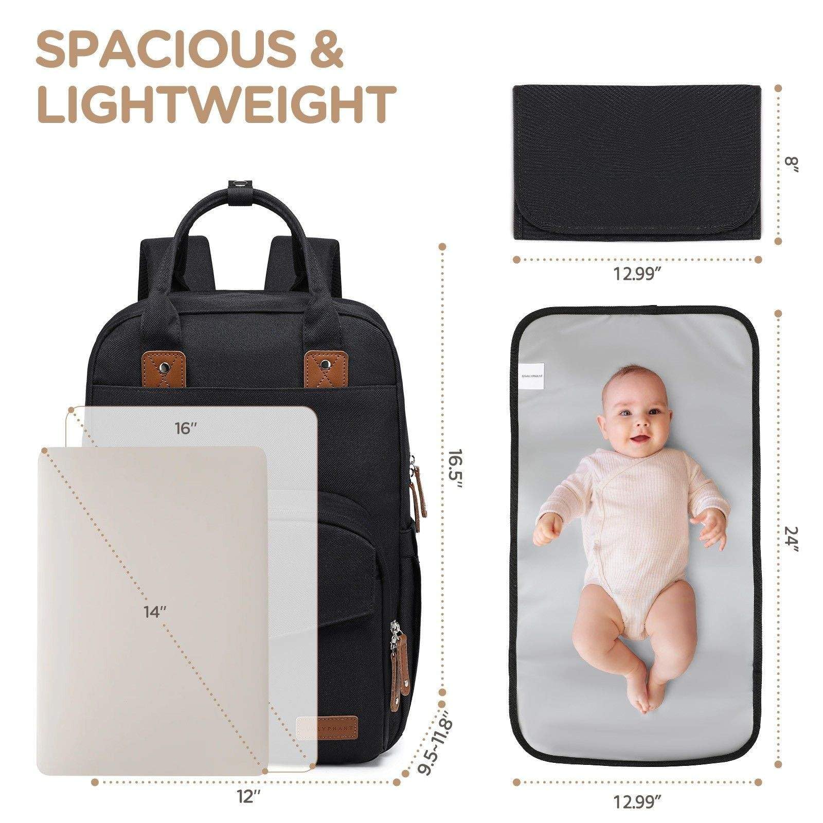 Qualyphant diaper bag changing pad included offers convenient on-the-go changes.