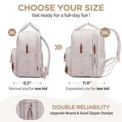 Qualyphant diaper bag with dual compartments keeps two kids' items neatly separated.