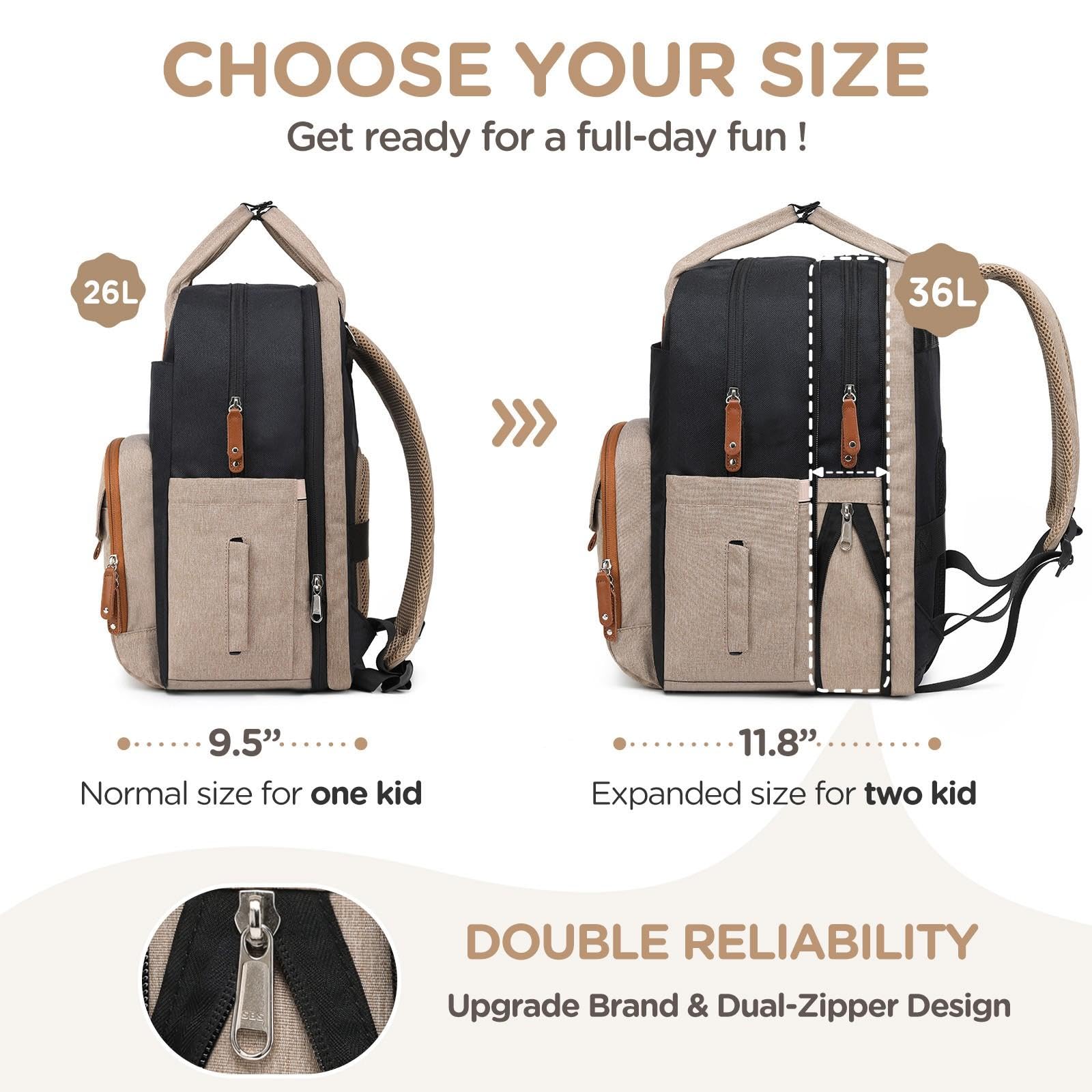 Qualyphant diaper bag with dual compartments keeps items organized for two kids.