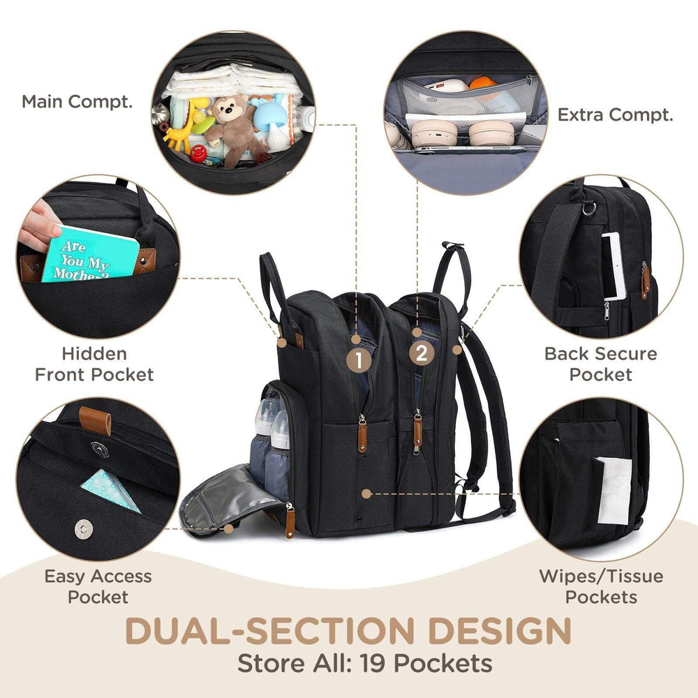 Qualyphant diaper bag dual compartments illustrate organized storage for each child.