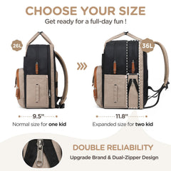 Qualyphant diaper bag with dual compartments keeps items organized for two kids.