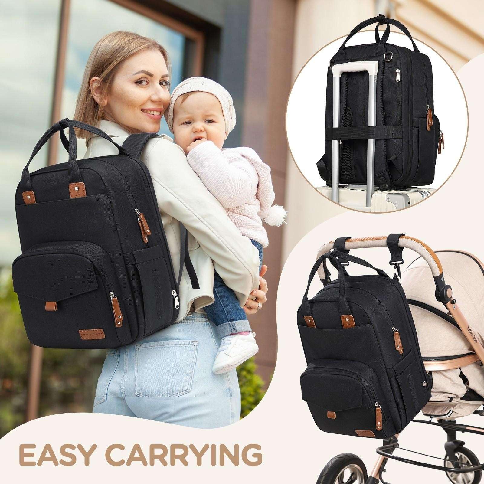Qualyphant diaper bag inside layout reveals neatly arranged pockets and sleeves.