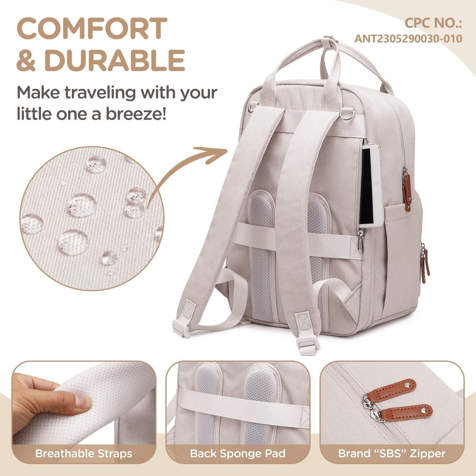 Qualyphant backpack provides stroller hooks and luggage straps for hands-free travel.