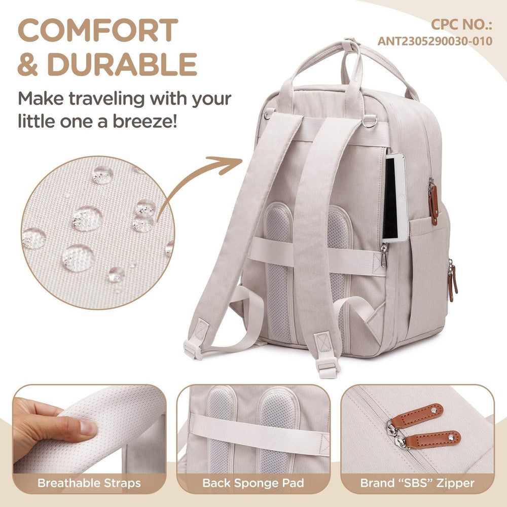 Qualyphant backpack provides stroller hooks and luggage straps for hands-free travel.