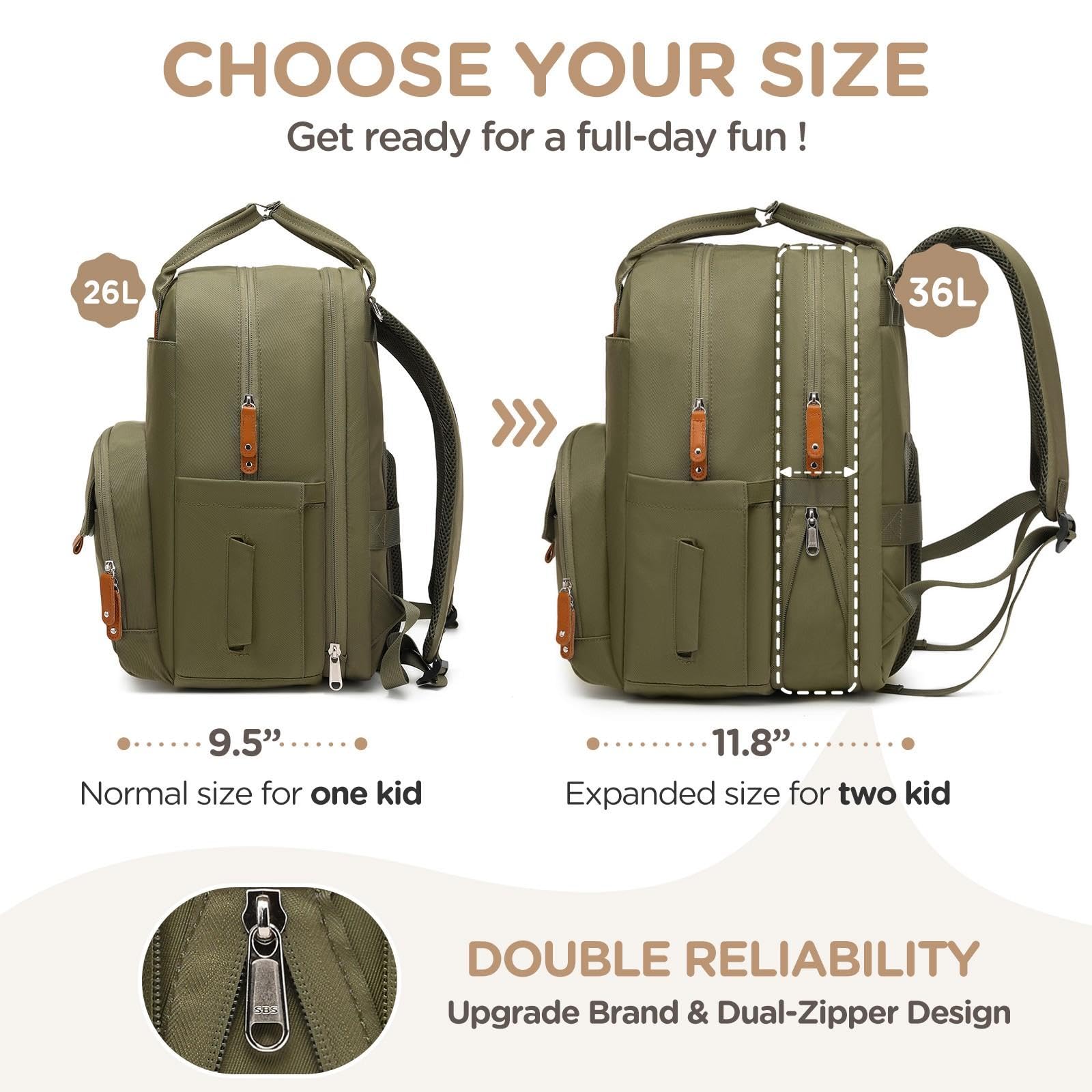 Qualyphant diaper bag shows dual compartments keeping two kids' items neatly organized