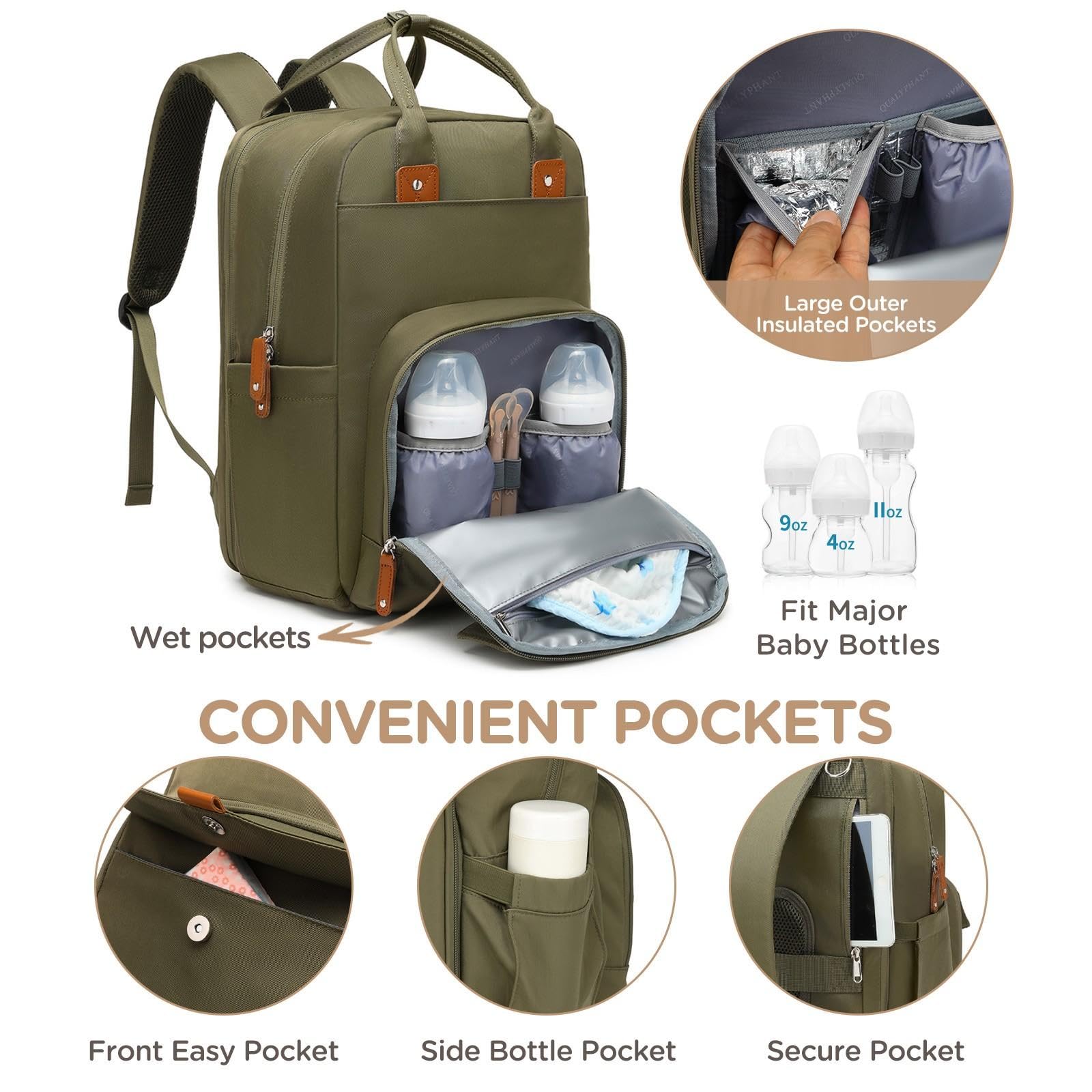 Qualyphant bag featuring stroller hooks and luggage straps for hands-free travel