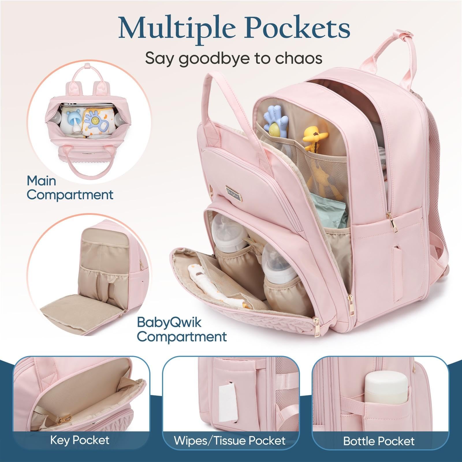 Qualyphant diaper bag includes stroller hooks and luggage straps for hands-free use.